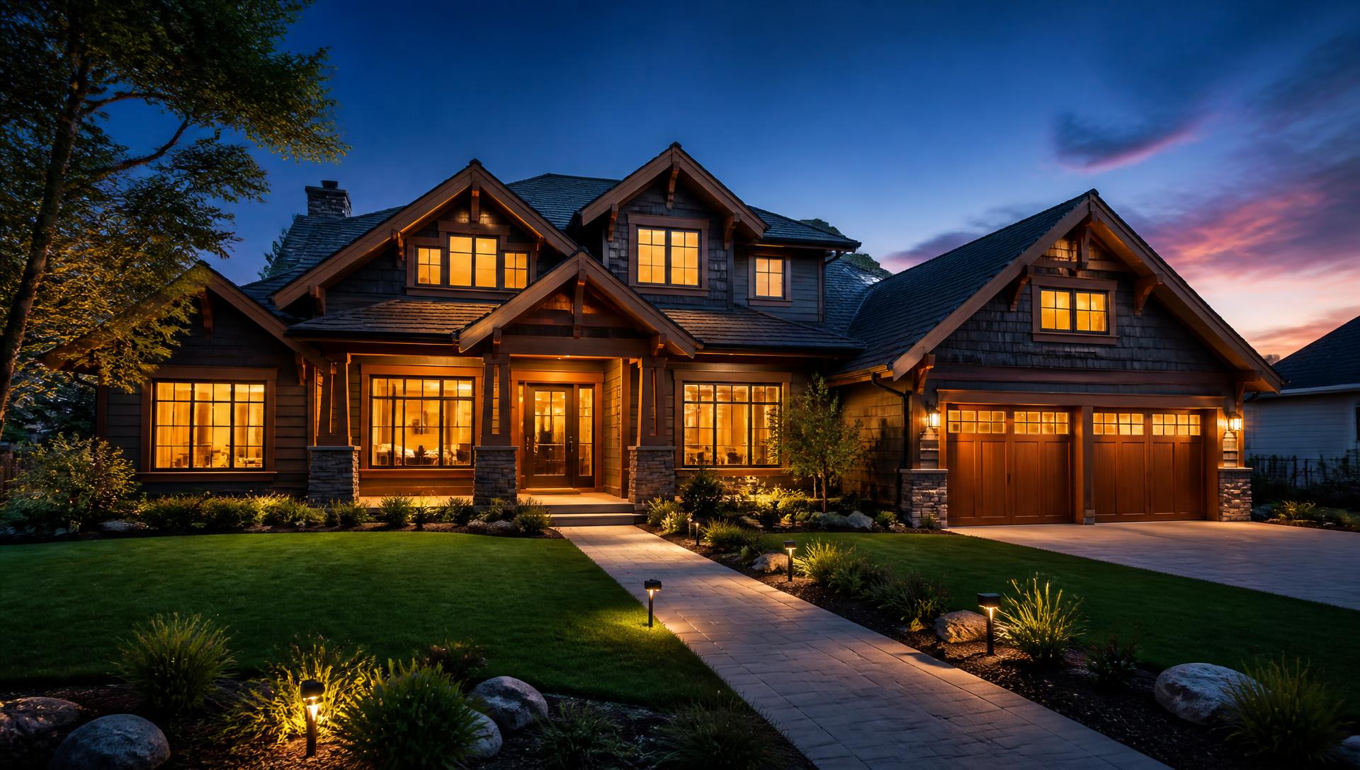 Home security products protecting an American home: video doorbell, cameras and sensors